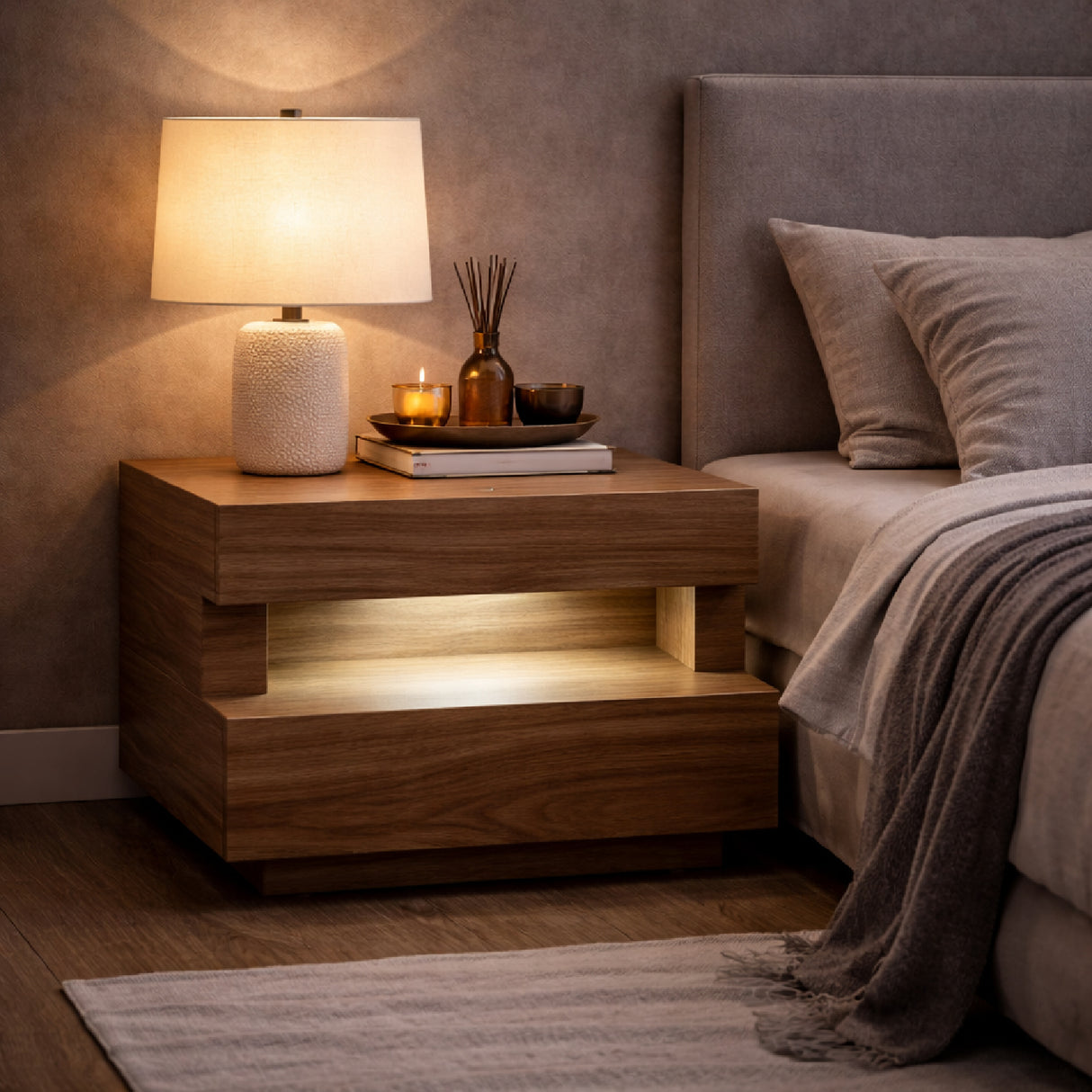   C-Shaped Brown LED Nightstand | Oroa.com