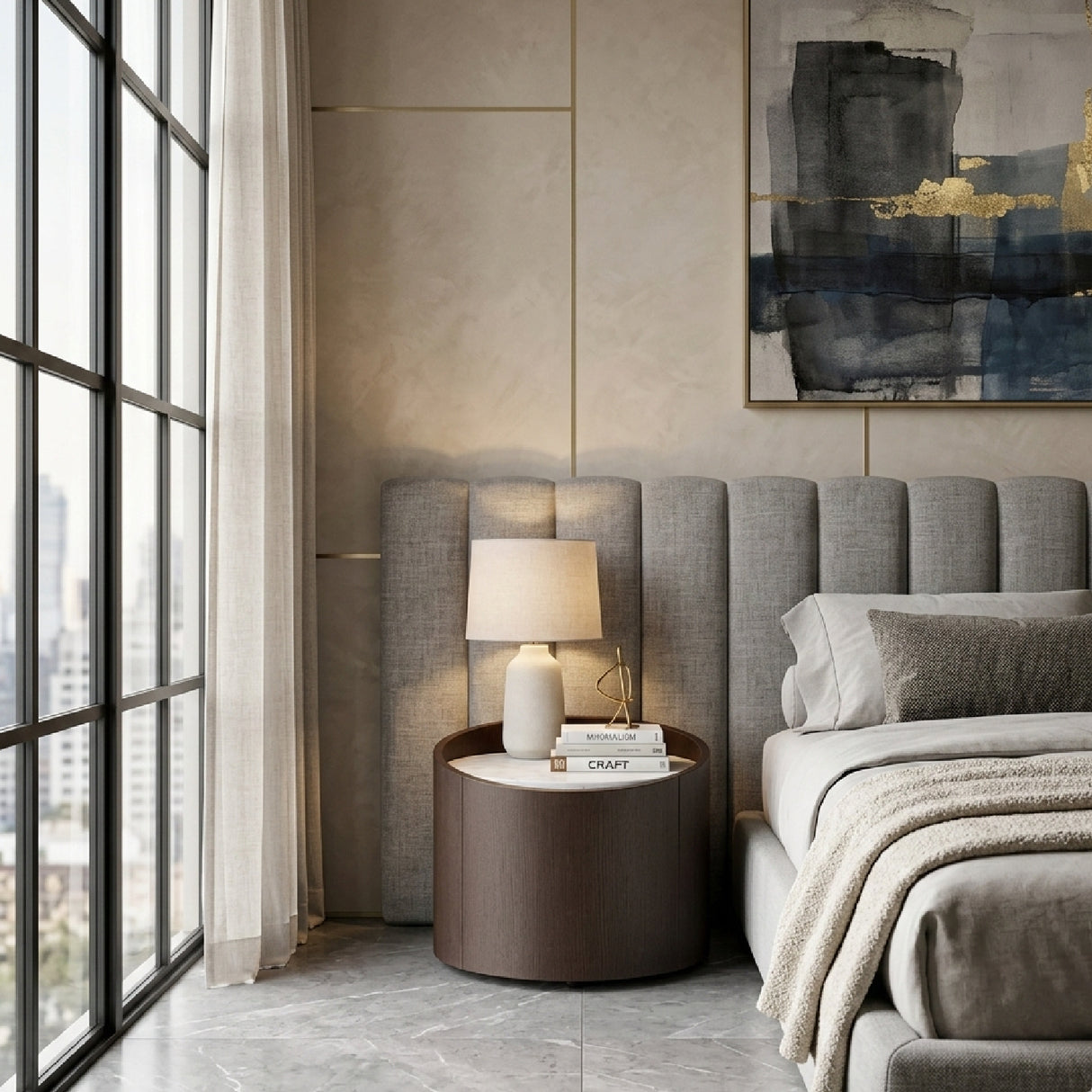   Round Brown Oak Nightstand | Oroa.com