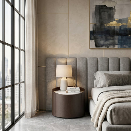   Round Brown Oak Nightstand | Oroa.com