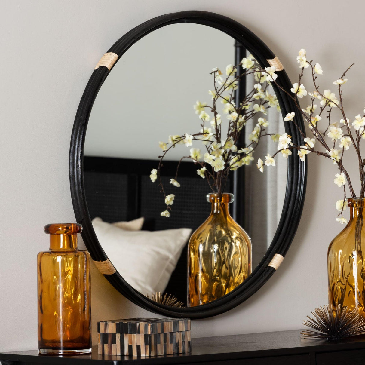 Modern European furniture - Round Black Rattan Wall Mirror - www.oroa.com