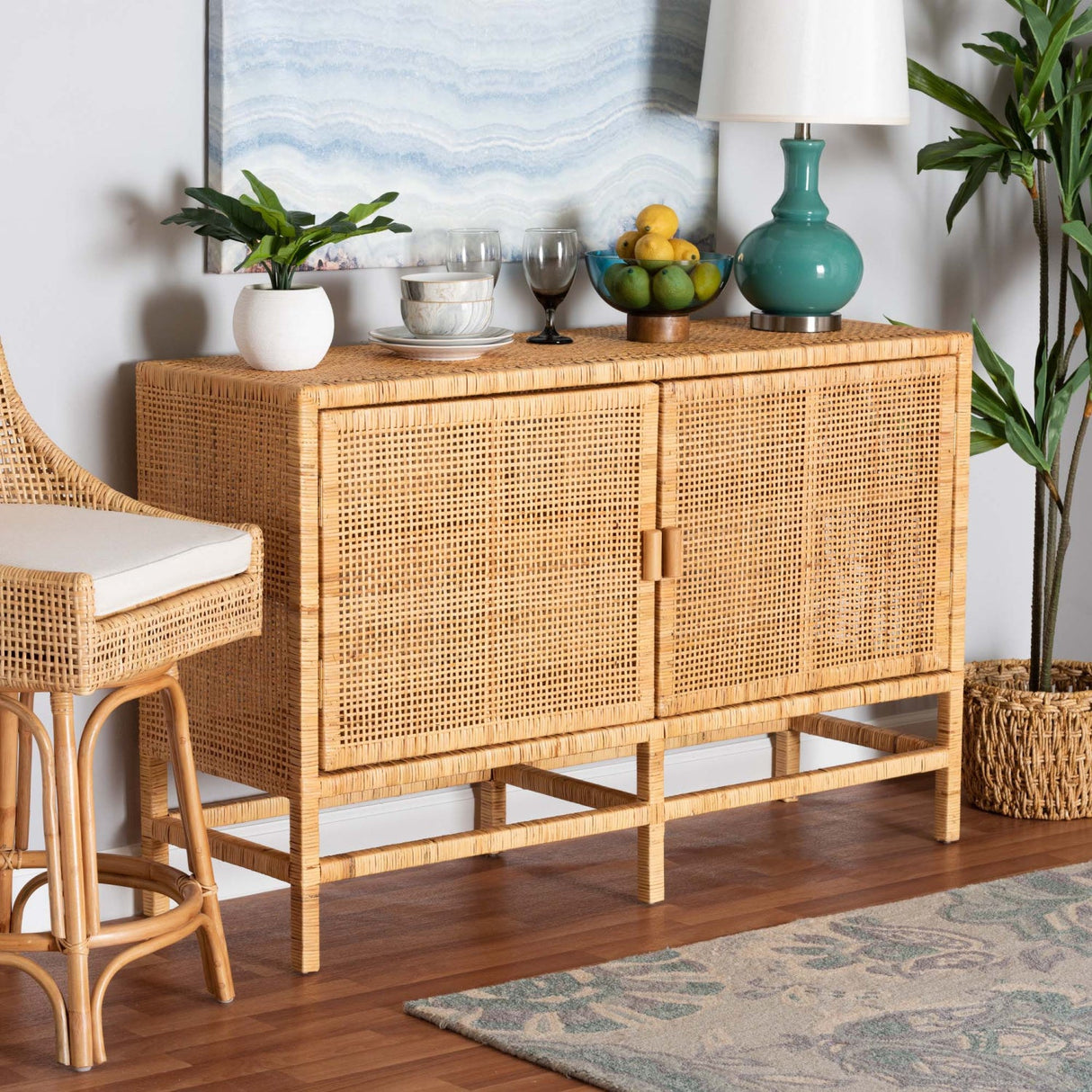Modern European furniture - Mahogany Framed Rattan Cabinet - www.oroa.com