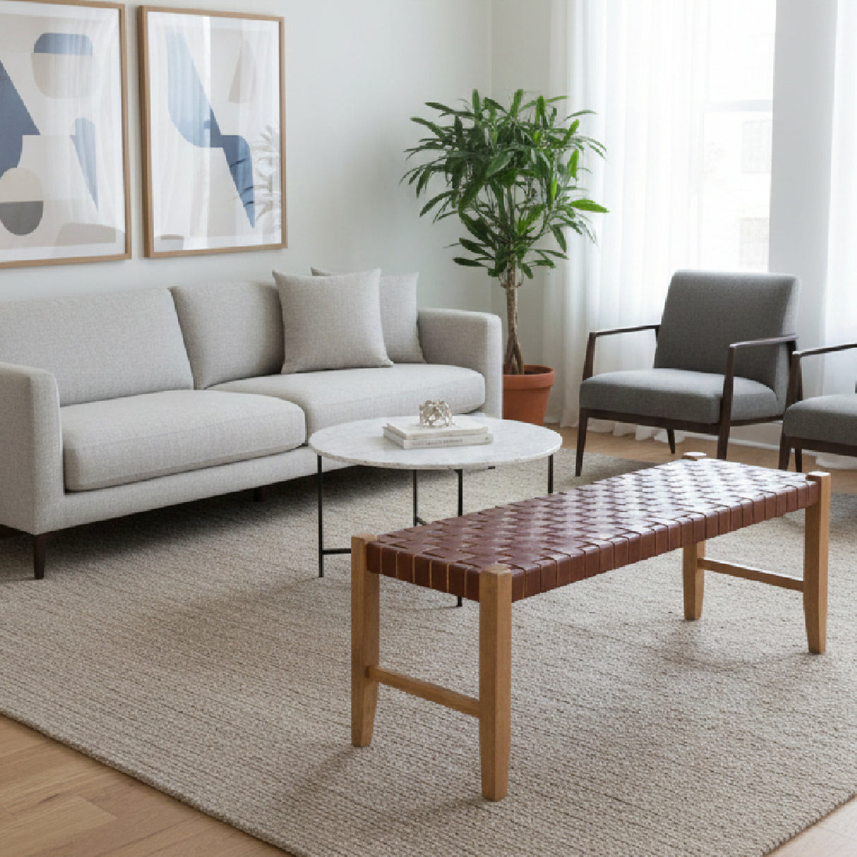 Brown Woven Leather Bench | OROA Modern Bandani