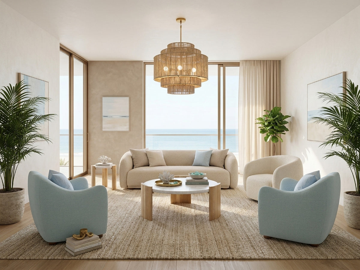 Contemporary coastal living room with a select beige sofa, blue armchairs, and a chandelier.