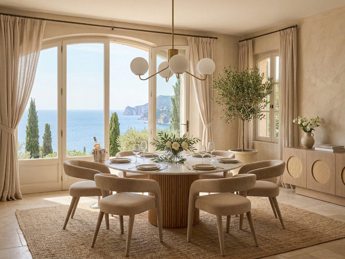 Modern French Riviera dining room with a select round table and dining chairs.