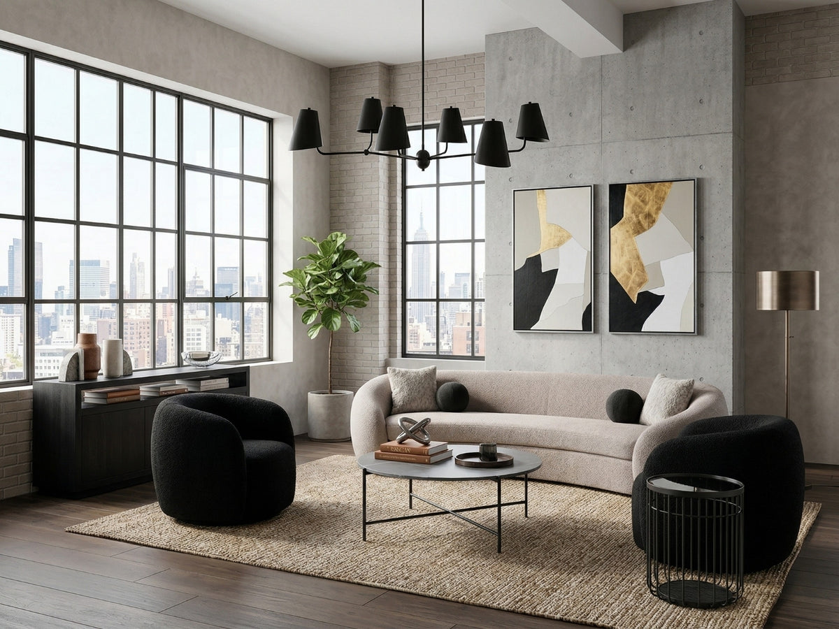 Sculptural seating and black accents define this OROA industrial modern living room, opened up by dramatic city-view windows.