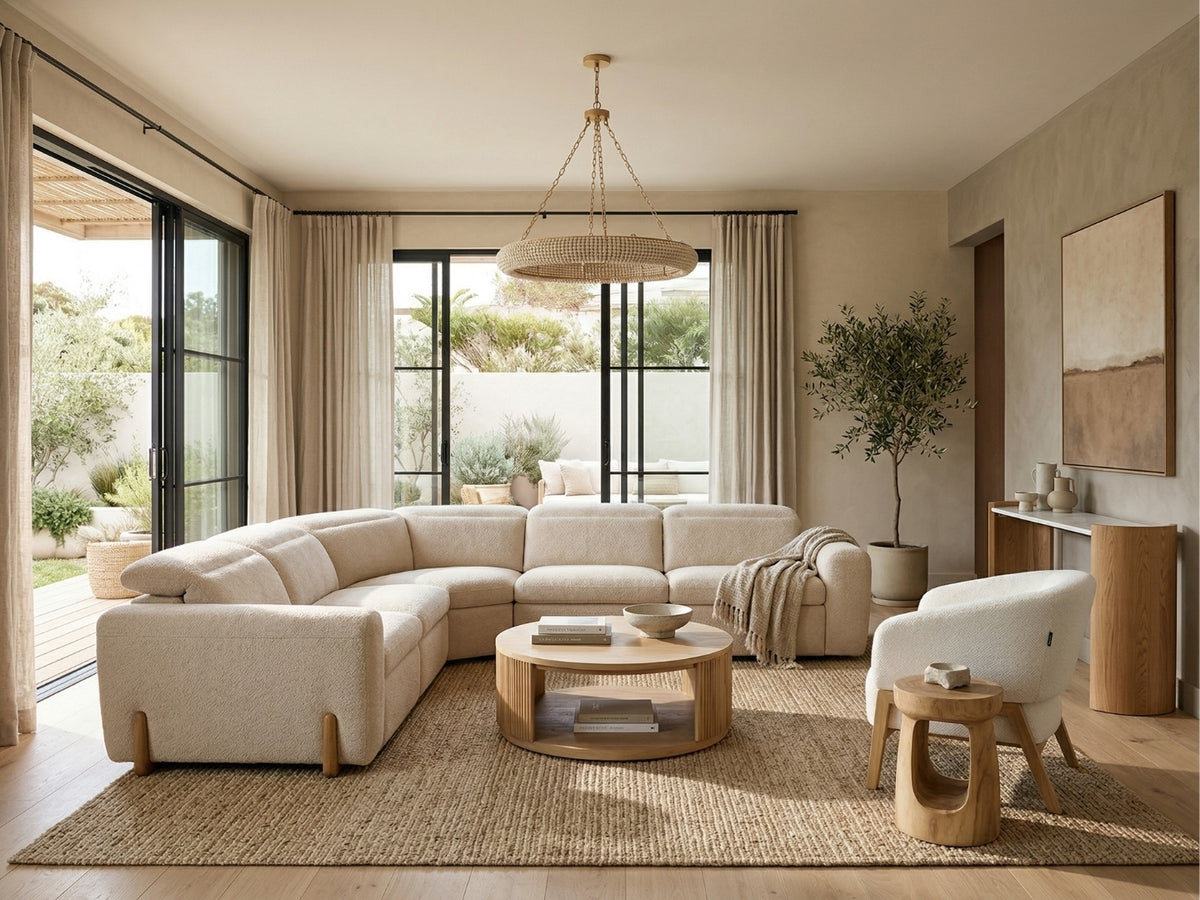 Japandi living room by OROA with a low beige sectional, wood coffee table, sculptural accents, and a balanced mix of clean lines and texture.