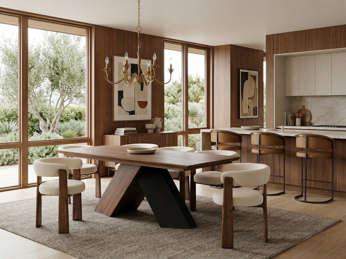 Mid Century Modern living by OROA with a walnut dining table, sculptural chairs, and abundant light emphasizing clean lines and retro-inspired design.