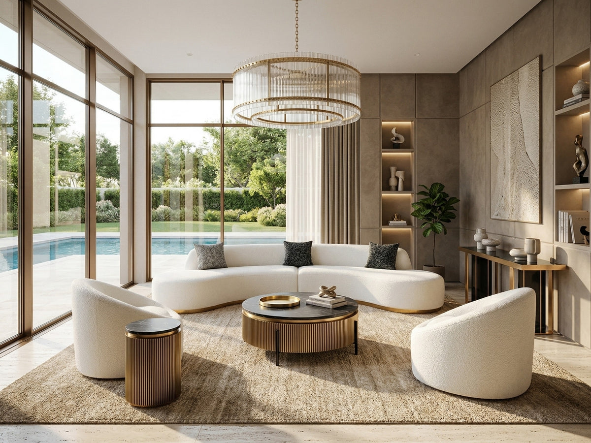 Modern luxe living room with white sofa, coffee table, and decorative items at OROA.