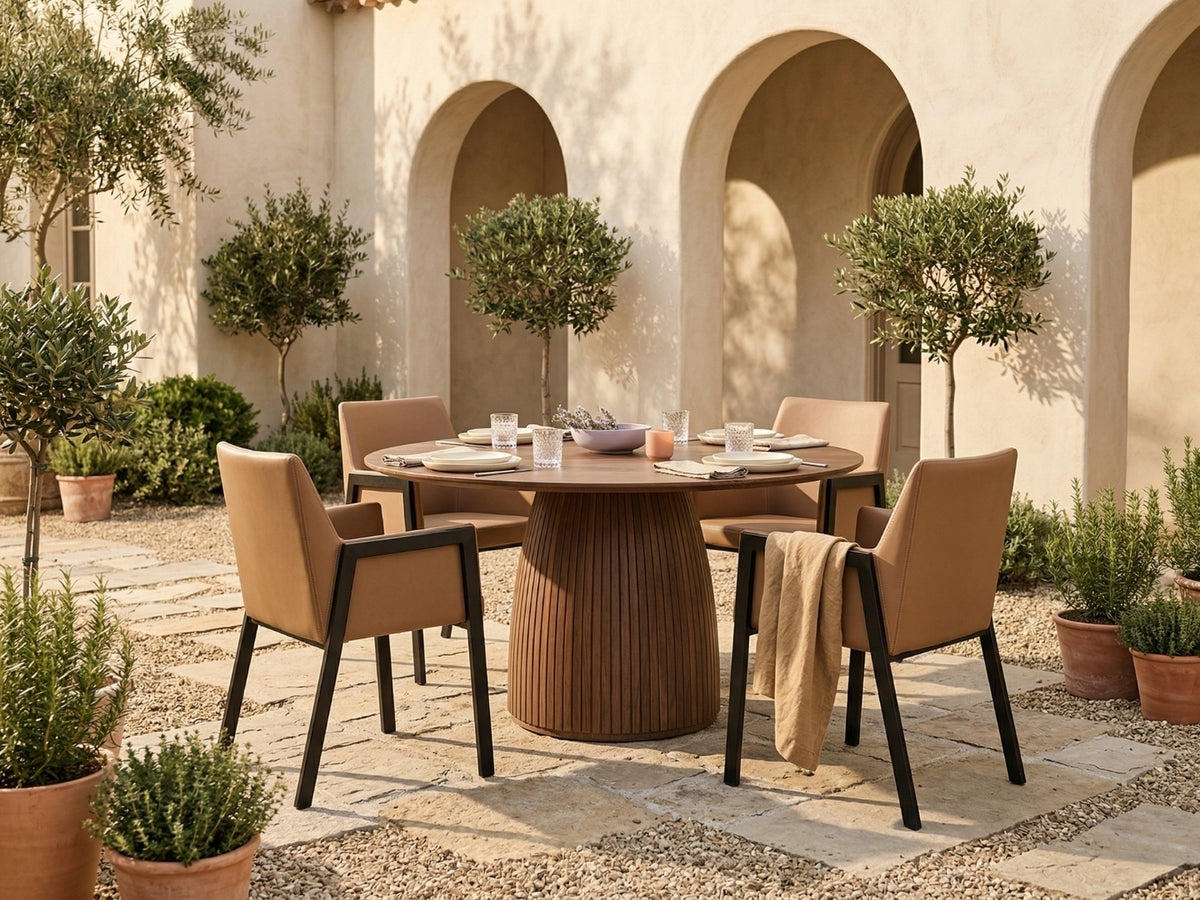 Outdoor dining area with wooden table and chairs in a courtyard setting, only at OROA.