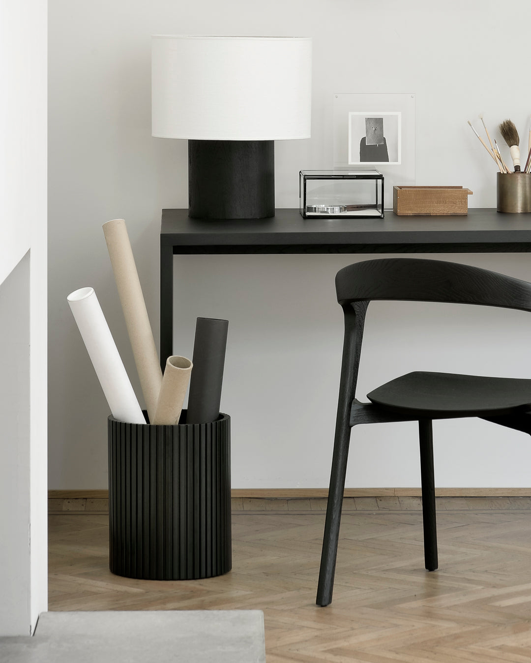 Cylindrical Black Mahogany Paper Basket | Ethnicraft Roller Max | OROA.COM