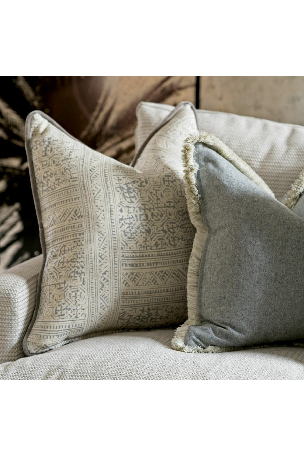 Gray Batik Cushion with Velvet Piping | Andrew Martin Ostuni | OROA