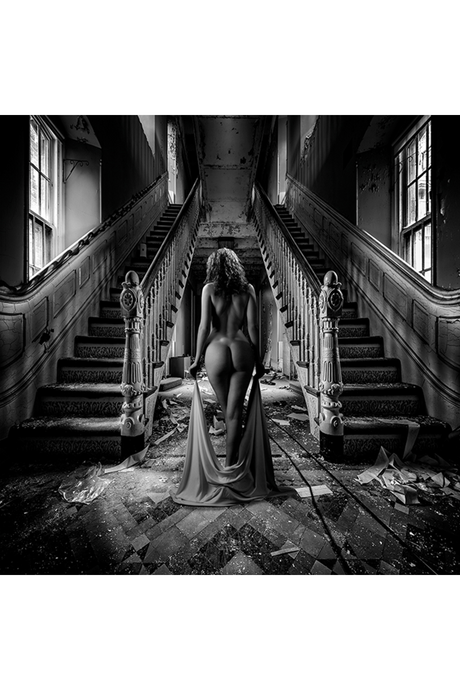 Woman In Ruined Building Monochrome Artwork | Andrew Martin | OROA