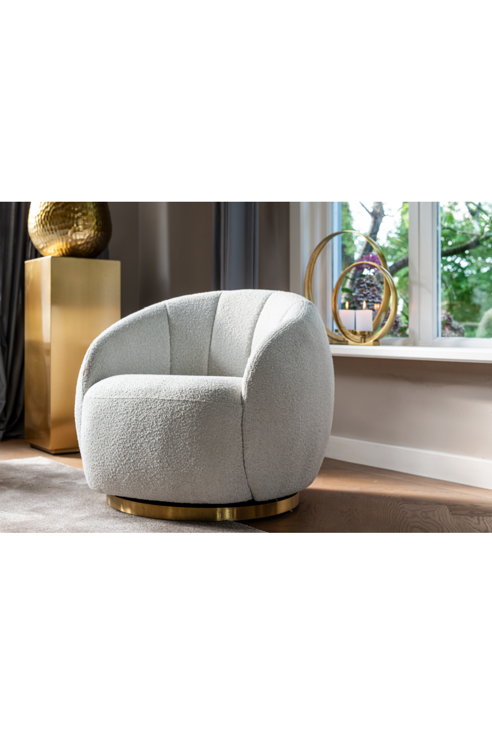 White Bouclé Gold Swivel Chair | OROA Jago | OROA